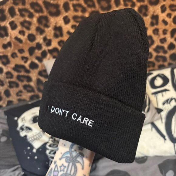 New emo anti every thing beanie hat I don’t care goth grunge hate hat unisex one - Picture 2 of 5